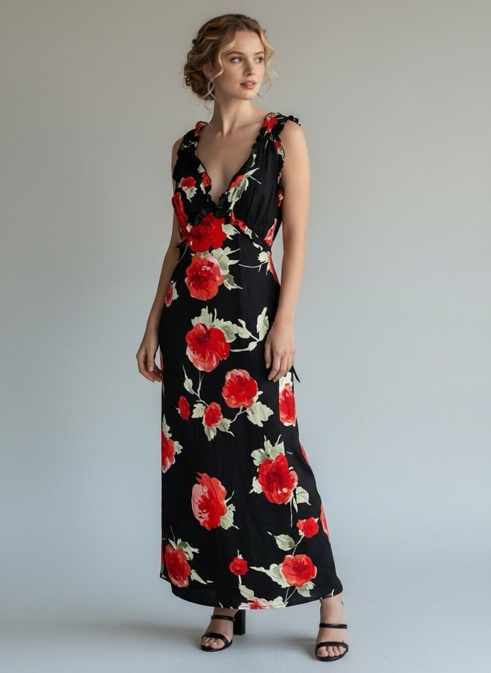 New Lulu's Clarrie Black Red Floral Crinkle Satin Ruffled Midi Dress Size Small